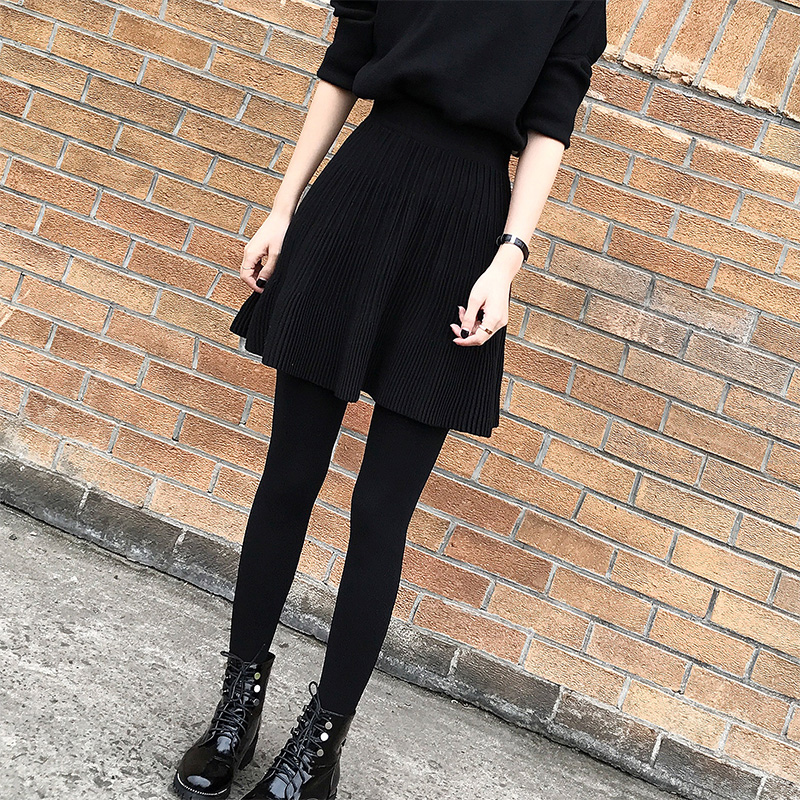 2017秋鼕裝新款女裝韓版針織百褶短裙半身裙黑色氣質顯瘦裙子女
