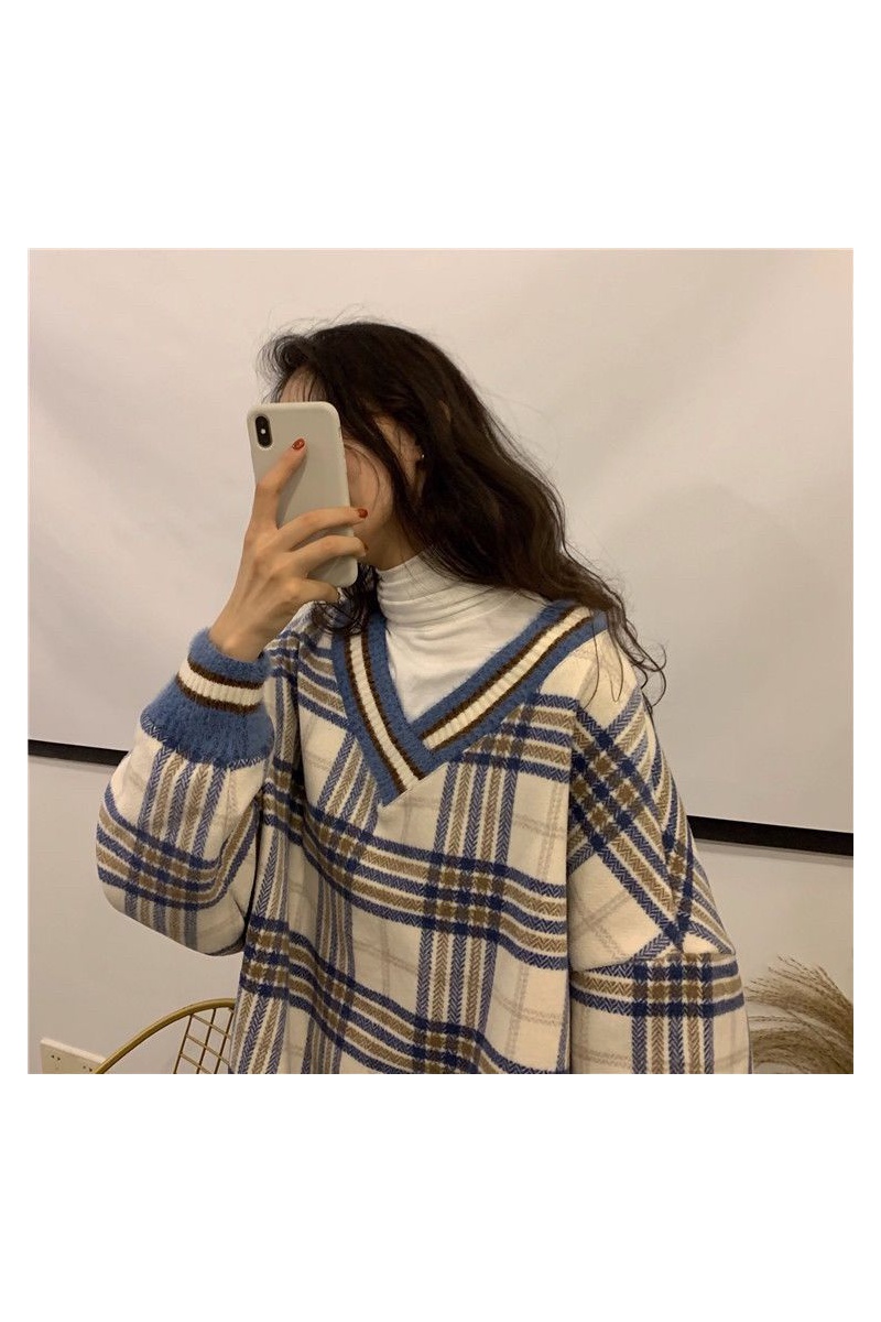 秋冬卫衣女先生两件套保暖加绒加厚拼色v领格子韩版宽松套头外套