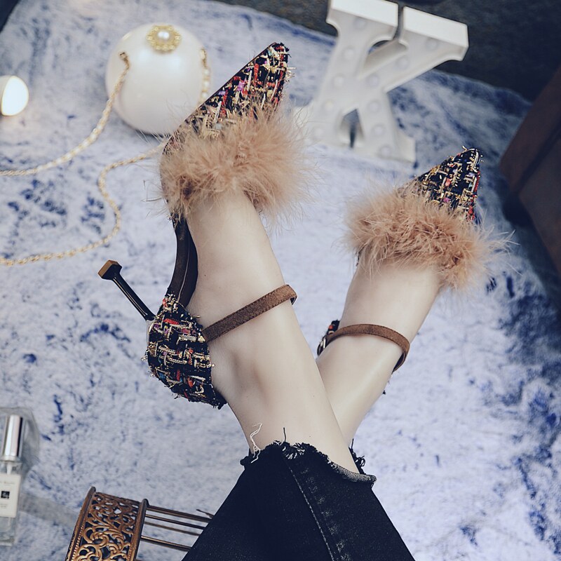 格紋少女尖頭毛毛高跟鞋女鼕細跟秋季2017新款女韓版百搭貓跟單鞋