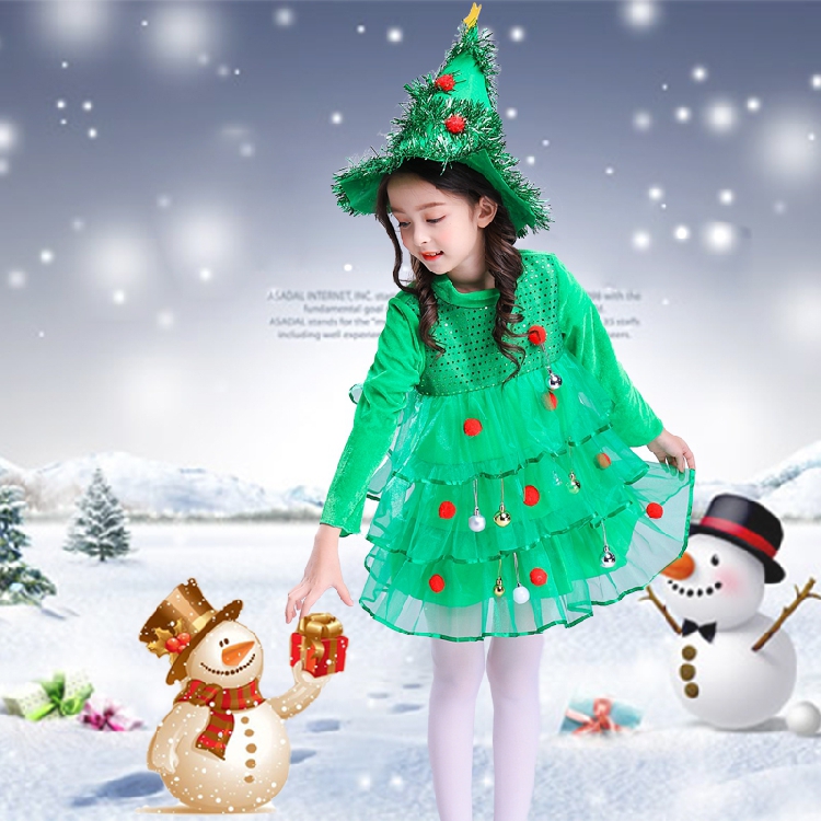 聖誕節服裝女童連衣裙綠色公主裙兒童節日派對化裝舞會魔法小女巫
