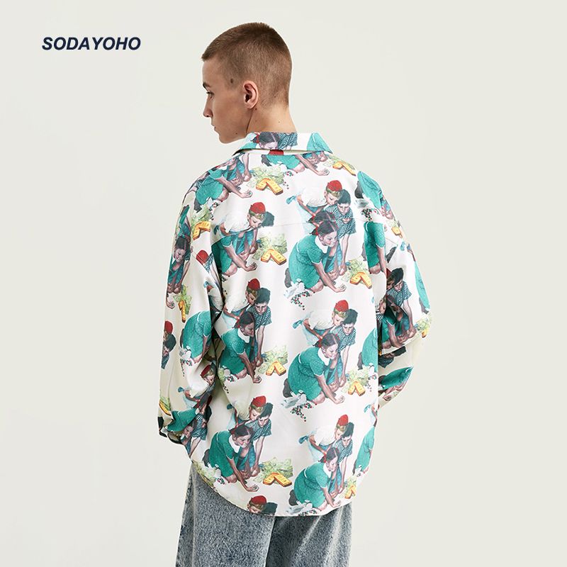 SODAYOHO American loose oil painting print long-sleeved shirt Hong Kong flavor Japanese retro drape couple hip-hop trend