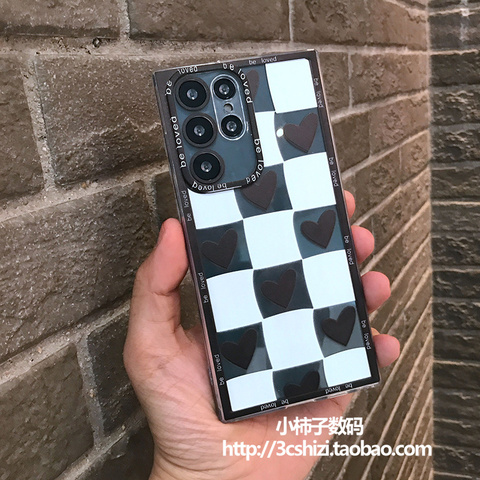 Black — Checkered Pattern New Hearts Chess Board S23, S23 Plus, S23 Ultra, S22, S22 Plus, S22 Ultra, S21, S21 Plus, S21