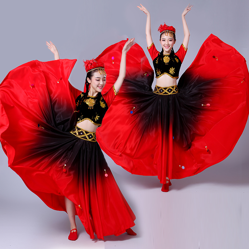 2017新疆舞蹈服裝新款演出服女民族長裙表演服成人維吾爾族大擺裙