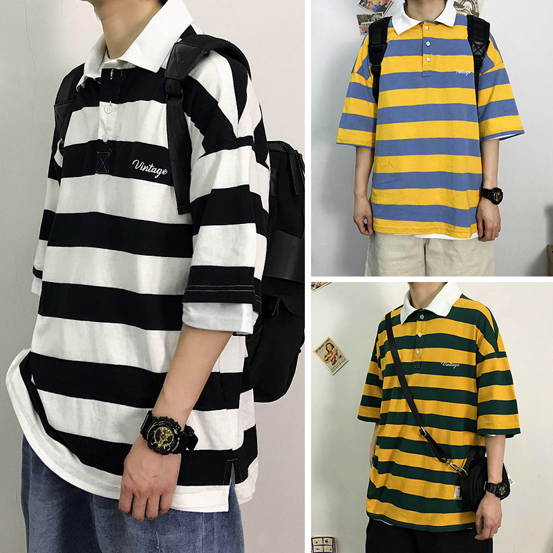 le port de la mode de marque rayé noir et blanc polo shirt d'été version coréenne de la loose tendance de la cinquième manche de revers de col garçons à manches courtes t-shirt le port de la mode de marque rayé noir et blanc polo shirt d'été version coréenne de la loose tendance de la cinquième manche de revers de col garçons à manches courtes t-shirt