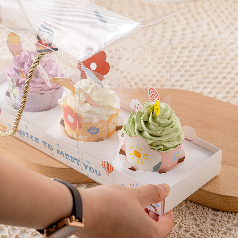 Children's Paper Cup Cake Packing Box Portable Transparent Cup Box 3 Tablets Muffin Cup to-Go Box Birthday