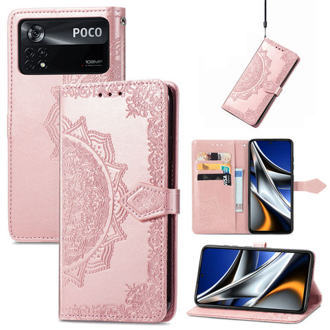 POCO M4 Pro Wallets Folio Flip Embossed Mandala Flower Magnetic Synthetic Leather Card Holder Folding Stand Phone Case