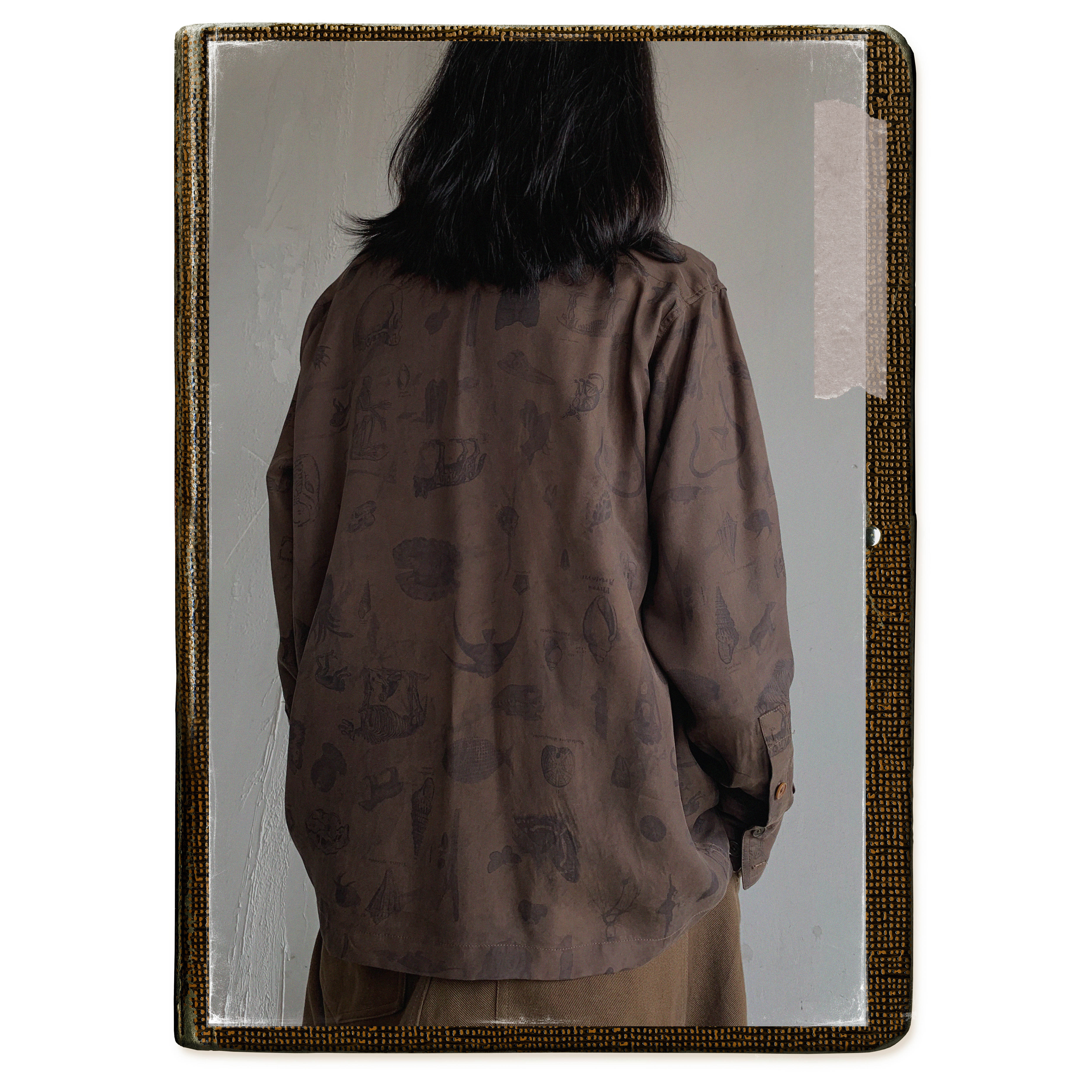 1533 | Antique printed silk long-sleeved shirt spring and summer loose drape Japanese original retro shirt trend