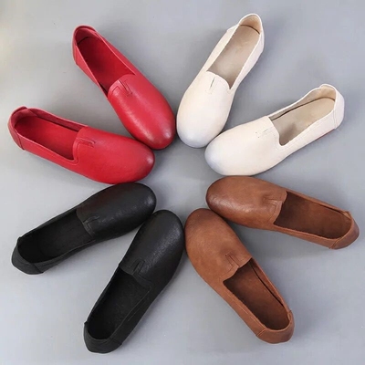 秋季新款妈妈鞋复古奶奶鞋真皮软底圆头平底单鞋懒人鞋浅口森女鞋-淘宝网