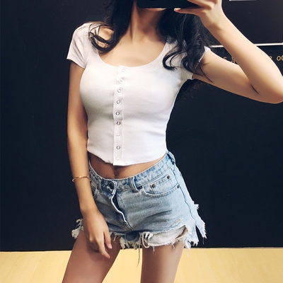 欧美ins网红同款短袖纽扣打底衫短款露脐紧身显胸针织T恤女夏上衣-淘宝网