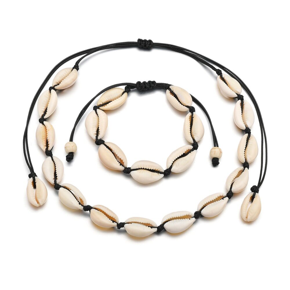 สร้อยคอ กำไล 女潮流跨境亚马逊爆款贝壳项链套装欧美时尚天然贝壳手工打结手链  