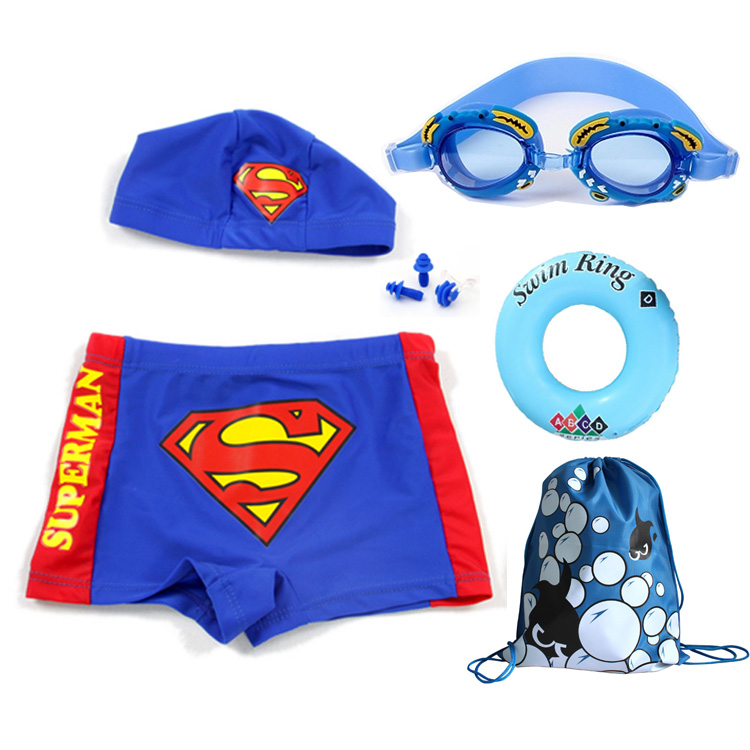 兒童泳衣 男童超人平角遊泳褲大中童遊泳裝備 泳鏡泳帽套裝