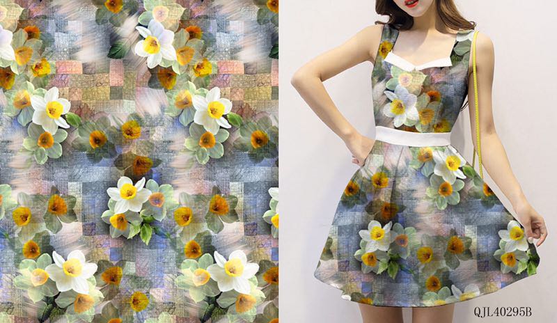 （強俊霖）棉綢人造棉真絲棉夏季連衣裙面料貢緞3D數碼立體高清