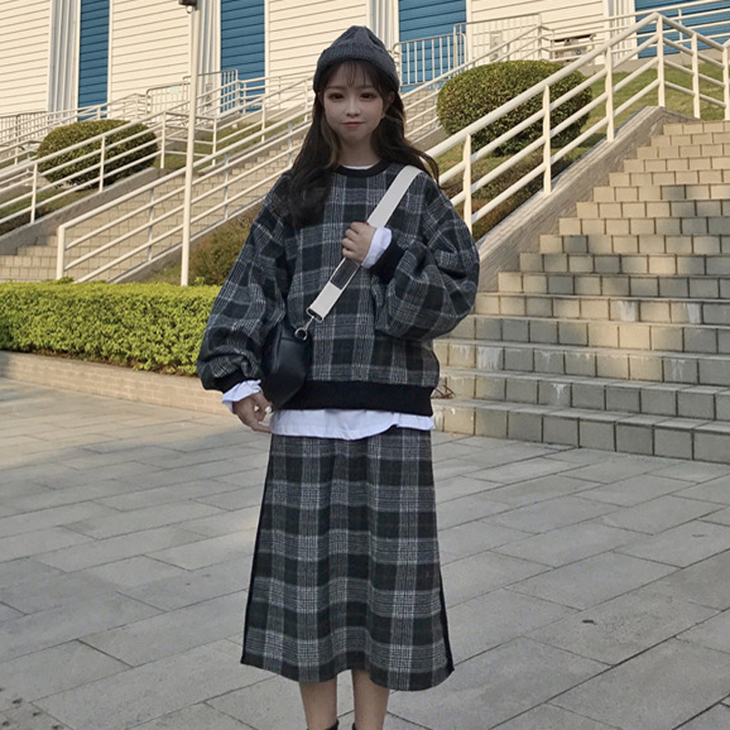 韓版時尚休閑套裝秋鼕女裝格子套頭衛衣上衣外套 半身裙兩件套潮