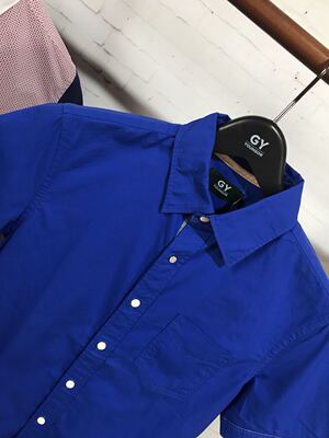 夏装 雅戈尔旗下GY男士韩版修身 全棉蓝色短袖衬衫原单