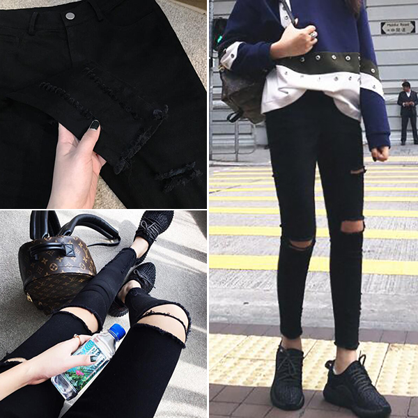 韓版女裝新款高腰磨破洞黑色牛仔褲女小腳鉛筆褲子學生緊身長褲潮