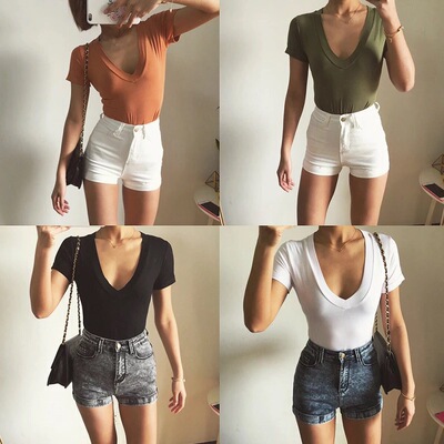 棉质弹力收腰连体欧美风性感健身低胸大地色V领短袖T恤 色-淘宝网