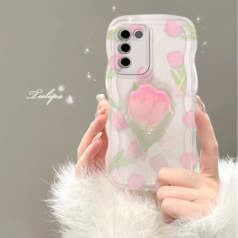 Girls Pink Flower Chic Wavy Silicone TPU S23, S23 Plus, S23 Ultra, S22, S22 Plus, S22 Ultra, Note 20, Note 20 Ultra Samsung
