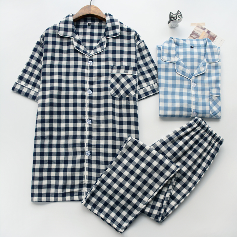 japonais à carreaux pyjama pour hommes printemps-été gaze de coton mince de section xxl manches courtes pantalon de survêtement costume