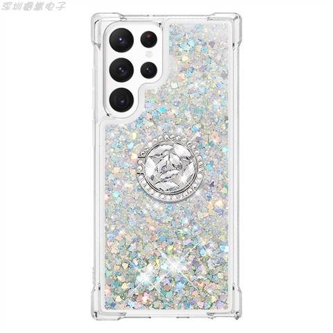 Silver — Liquid Quicksand Girls Shiny Glitter Bling Silicone TPU With Ring Bracket Kickstand S23, S23 Plus, S23 Ultra Samsung