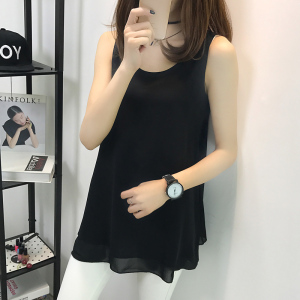 夏季新款吊带衫宽松休闲打底衫T恤女双层雪纺衫中长款无袖纯色潮