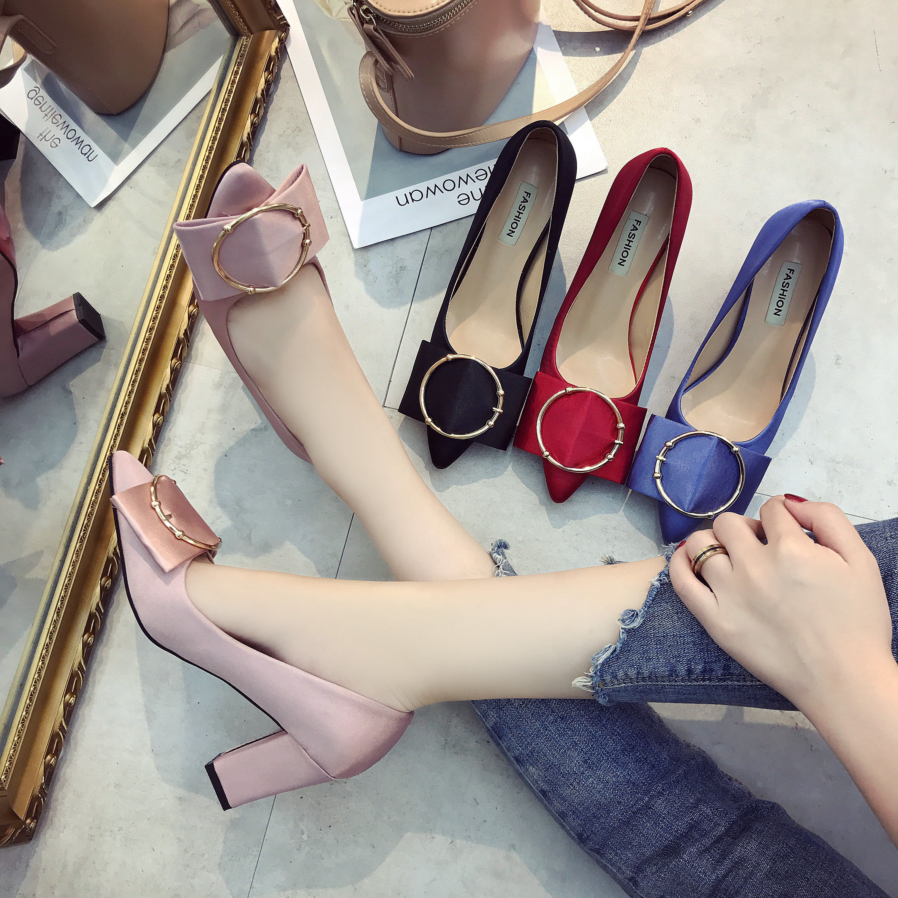 2017新款潮小清新高跟鞋女夏單鞋韓版百搭尖頭粗跟婚鞋紅色新娘鞋