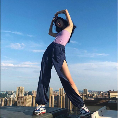 欧美ins网红博主超爱得运动休闲长裤松紧腰侧边纽扣高腰收脚裤女-淘宝网