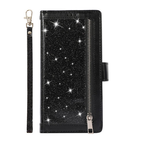 Black — Shiny Glitter Bling Girls Wallets Folio Flip Magnetic Synthetic Leather Card Holder Folding Stand S23, S23 Plus, S23