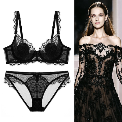 维多利亚内衣套装夏季新款超薄黑色透明性感蕾丝小胸聚拢文胸少女-淘宝网