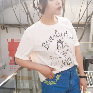 大码女装2018新款夏装胖mm胖妹妹200斤卡通圆领休闲短袖棉T恤 大码女装2018新款夏装胖mm胖妹妹200斤卡通圆领休闲短袖棉T恤