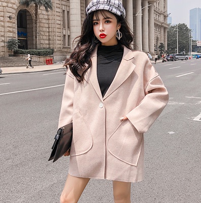 标题优化:2018冬装新款韩版气质女装百搭长袖中长款大口袋毛呢外套呢子大衣