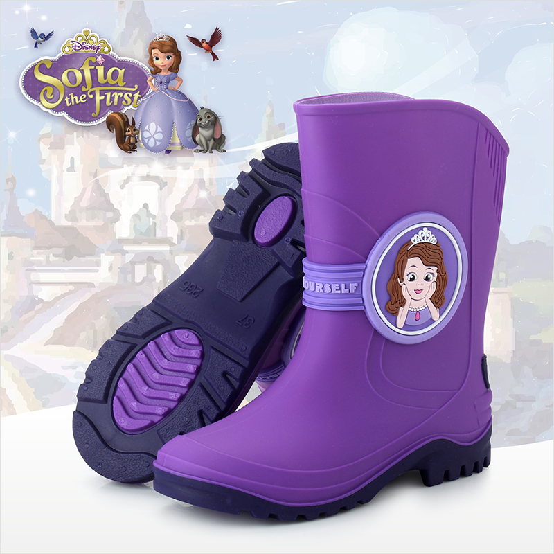 迪士尼新品蘇菲亞公主兒童雨鞋加絨學生膠鞋防滑雨靴女童大童水鞋