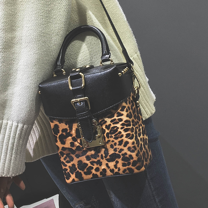 2017新款豹紋小箱子手提包 韓版時尚潮流撞色鎖扣迷你女士小包包