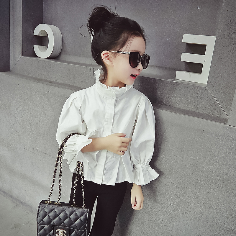 女童泡泡袖白襯衫2017秋裝新款韓國版寬松鋼琴立領女孩子寶寶襯衣