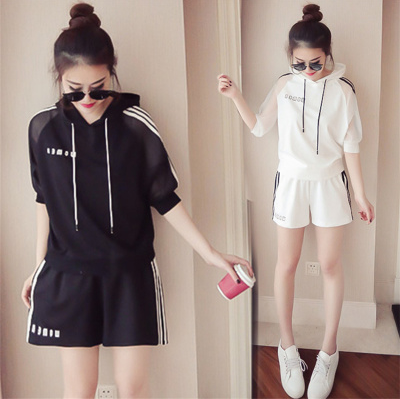夏装女短袖两件套休闲运动套装纯色宽松上衣服短裤学生百搭T恤潮  