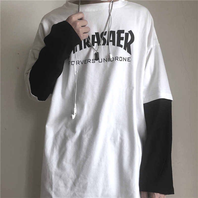 เสื้อผ้าผู้ชาย เสื้อยืด 2019韩版ins秋季新款原宿bf风长袖T恤学生潮流假两件上衣打底男女  