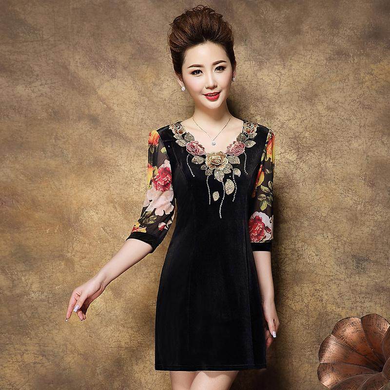 2020秋新款金丝绒连衣裙蕾丝七分袖优雅妈妈装中长款刺绣大码女 2020秋新款金丝绒连衣裙蕾丝七分袖优雅妈妈装中长款刺绣大码女