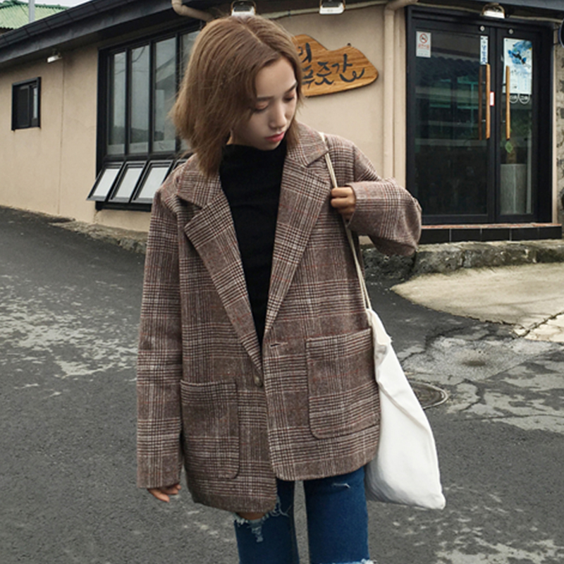 2017秋裝新款韓版復古學院風寬松百搭顯瘦長袖格子小西裝外套女裝