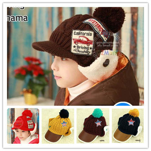 韓版潮秋鼕款2-4-8歲加絨鴨舌帽子男童護耳帽女童毛球保暖帽子