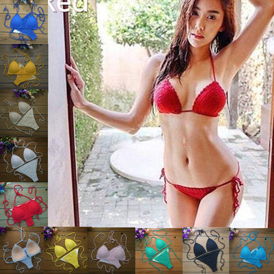 沙滩时尚性感小胸分体针织泳衣绑带手工泳衣套装 crochet bikini-淘宝网