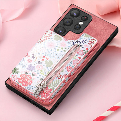 Girls Chic Stylish Flower Zipper Card Holder Kickstand S23, S23 Plus, S23 Ultra, S22, S22 Plus, S22 Ultra, S21, S21 Plus, S21