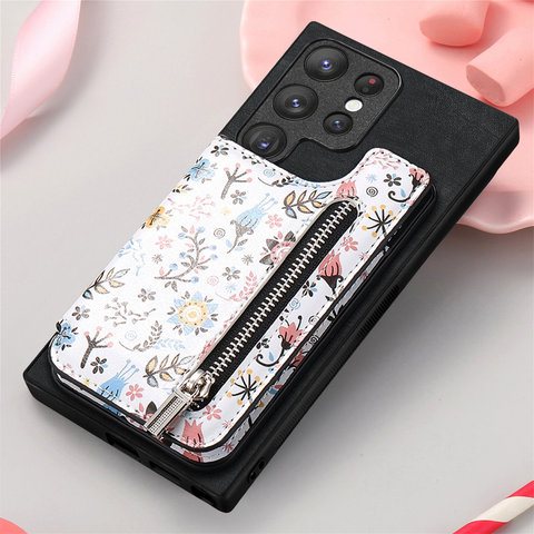 Girls Chic Stylish Flower Zipper Card Holder Kickstand S23, S23 Plus, S23 Ultra, S22, S22 Plus, S22 Ultra, S21, S21 Plus, S21