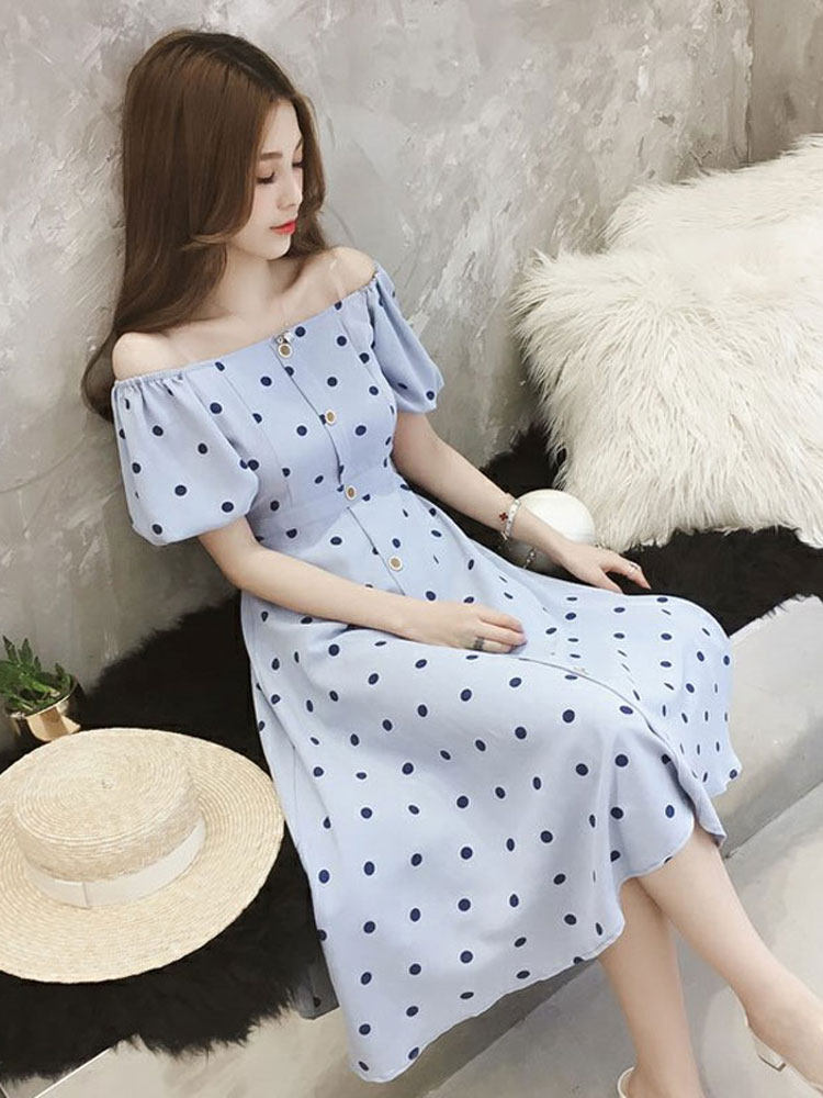 เดรส 夏季2019新款女装小清新收腰显瘦波点A字中长裙超仙雪纺连衣裙子  