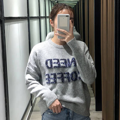19101437 识体店Tanfos 欧美风格 亮丝字母圆领套头毛衣 女士