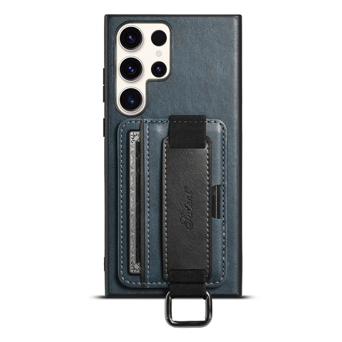 Blue — Business Leather Card Slot Hand Band Strap S23, S23 Plus, S23 Ultra Samsung Phone Case