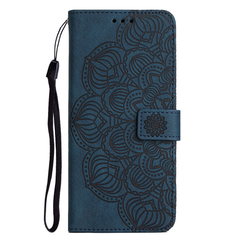 Blue — Wallets Folio Flip Magnetic Synthetic Leather Card Holder Folding Stand Embossed Mandala Flower S23, S23 Plus, S23