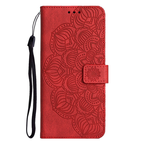 Red — Wallets Folio Flip Magnetic Synthetic Leather Card Holder Folding Stand Embossed Mandala Flower S23, S23 Plus, S23