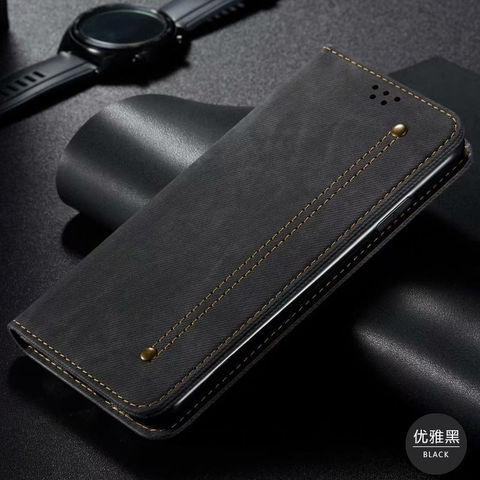 Black — Denim Jeans Canvas Rivet Stitch Wallets Folio Flip Card Holder Folding Stand Note 12, Note 12 Pro, Note 12 Pro+ Phone