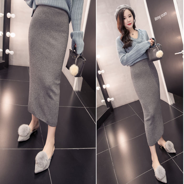 2017秋鼕韓版新款針織後開叉一步包臀鉛筆修身高腰顯瘦半身長裙