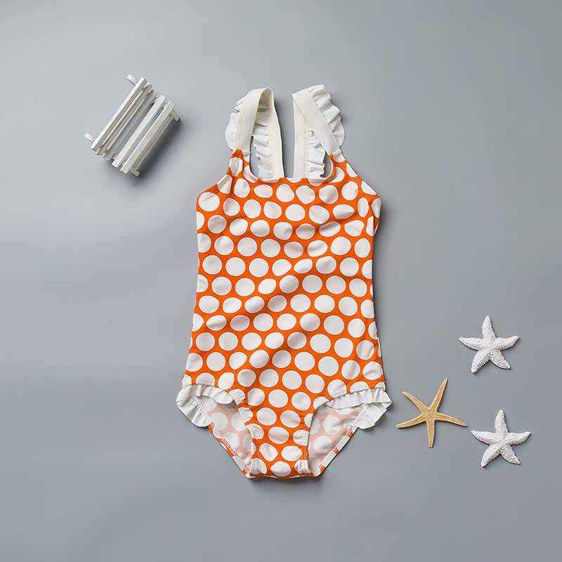 歐美兒童泳衣女童寶寶 橙色波點蝴蝶結可愛韓風連體泳衣中小童