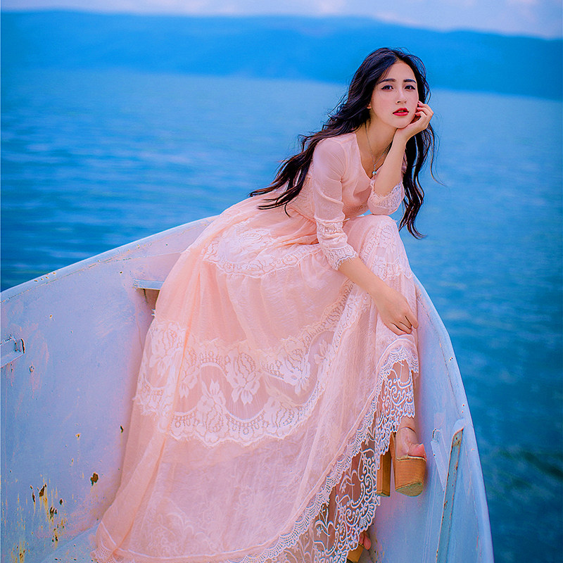 3535#实拍#2018文艺蕾丝拼接长裙蛋糕裙粉色连衣裙女神裙